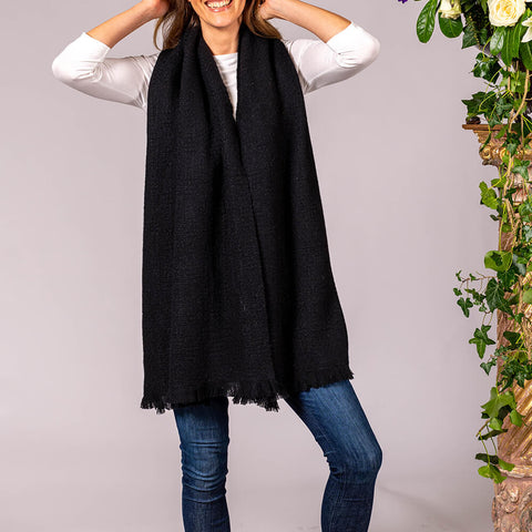 Super Luxe Ebony Black Basket Weave Cashmere Shawl - Sample