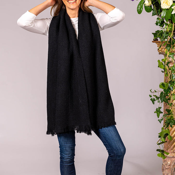 Super Luxe Ebony Black Basket Weave Cashmere Shawl - Sample