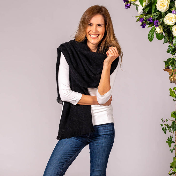 Super Luxe Ebony Black Basket Weave Cashmere Shawl - Sample