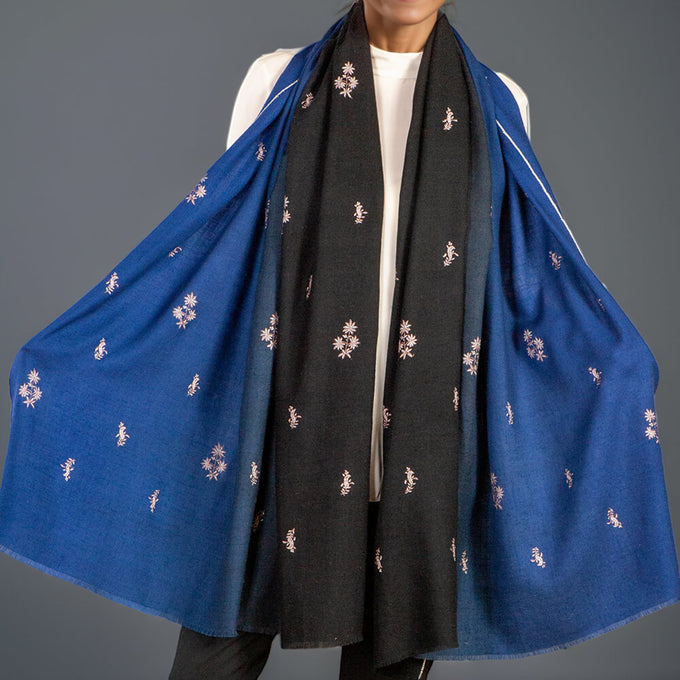 Hand Embroidered Pashmina Shawl - Black and Blue