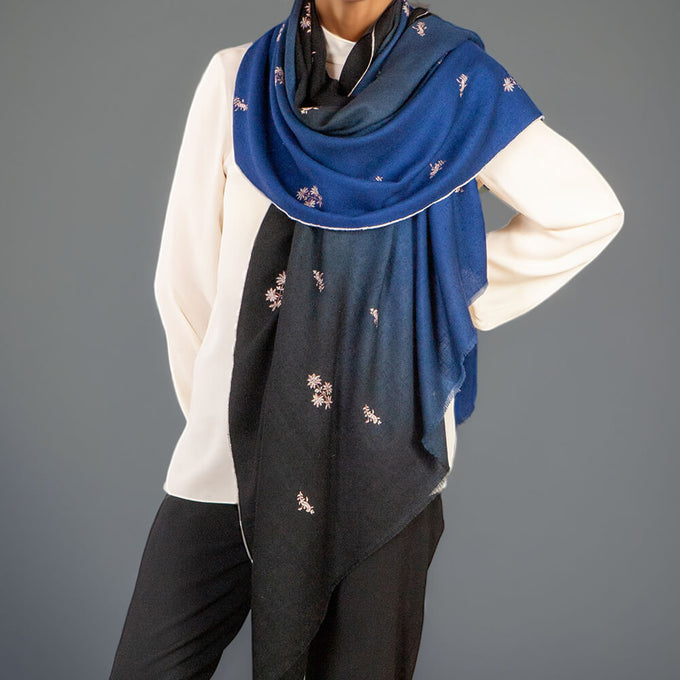Hand Embroidered Pashmina Shawl - Black and Blue