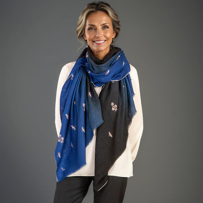 Hand Embroidered Pashmina Shawl - Black and Blue