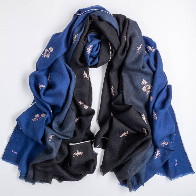 Hand Embroidered Pashmina Shawl - Black and Blue
