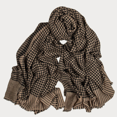 Black and Natural Houndstooth Pashmina Cashmere Shawl