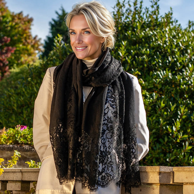 Black Cashmere and Chantilly Lace Shawl