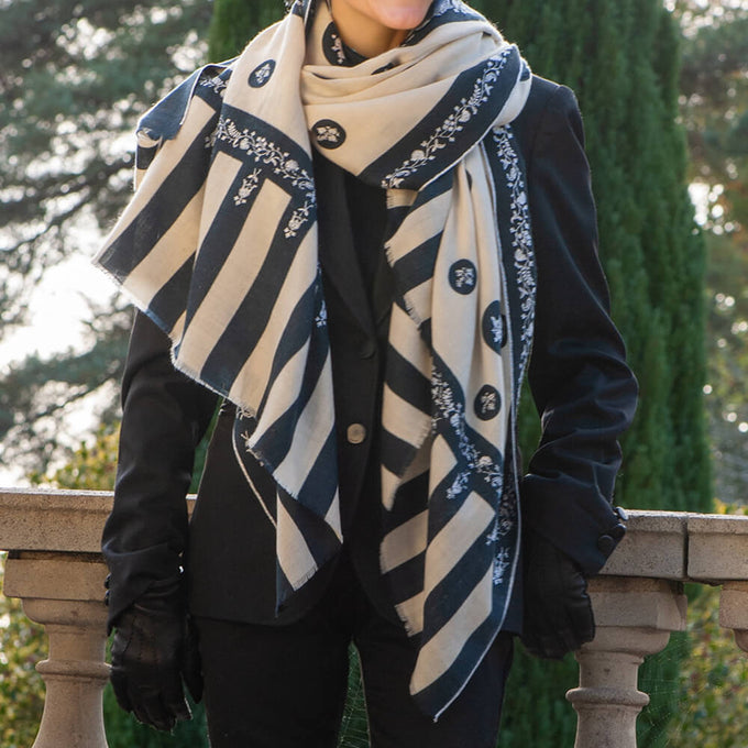 Hand Embroidered Pashmina Cashmere Shawl - Ivory & Black