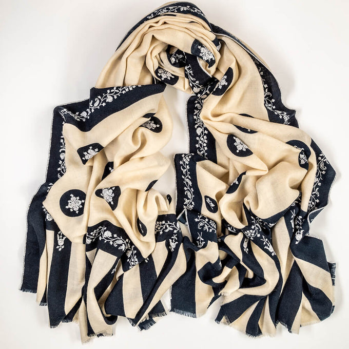 Hand Embroidered Pashmina Cashmere Shawl - Ivory & Black