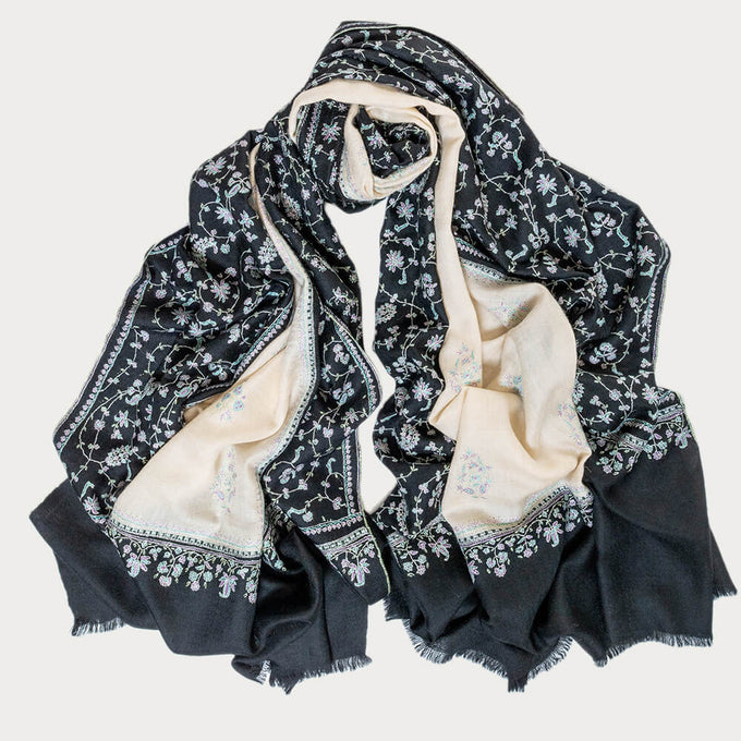 Hand Embroidered Pashmina Cashmere Shawl - Black and Cream