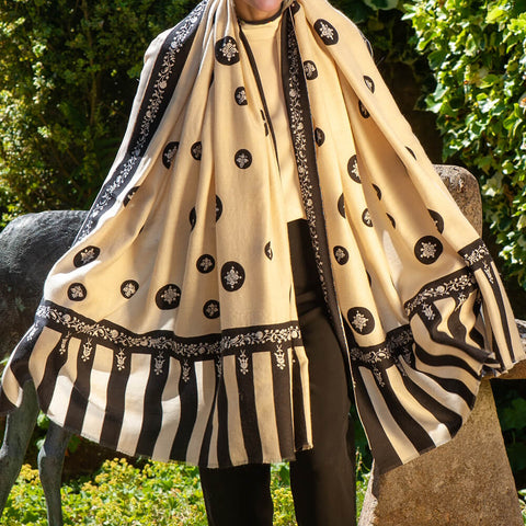 Hand Embroidered Pashmina Cashmere Shawl - Ivory & Black