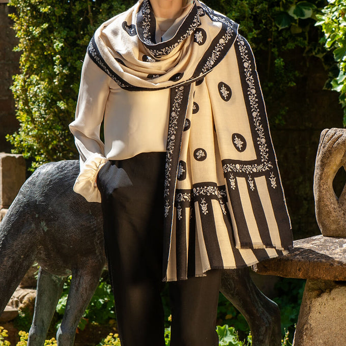 Hand Embroidered Pashmina Cashmere Shawl - Ivory & Black