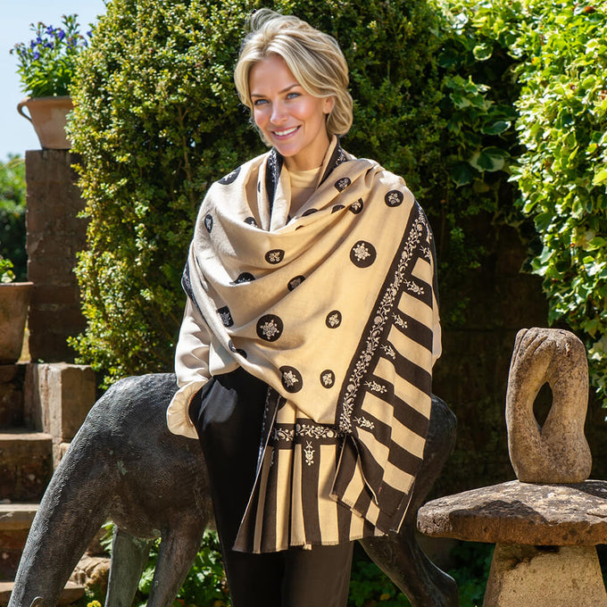 Hand Embroidered Pashmina Cashmere Shawl - Ivory & Black