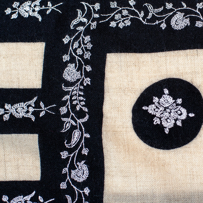 Hand Embroidered Pashmina Cashmere Shawl - Ivory & Black