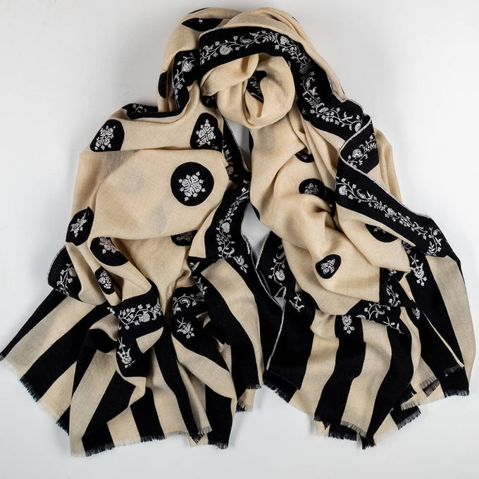 Hand Embroidered Pashmina Cashmere Shawl - Ivory & Black