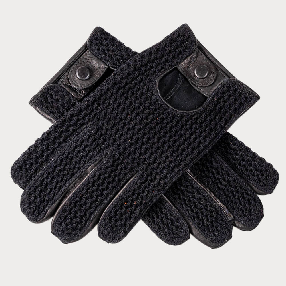 Men's Crochet Black Leather Driving Gloves – - Main Image