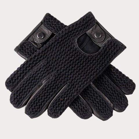 Men’s Crochet Black Leather Driving Gloves