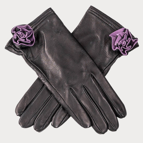 Ladies Black Leather Flower Gloves - Silk Lined