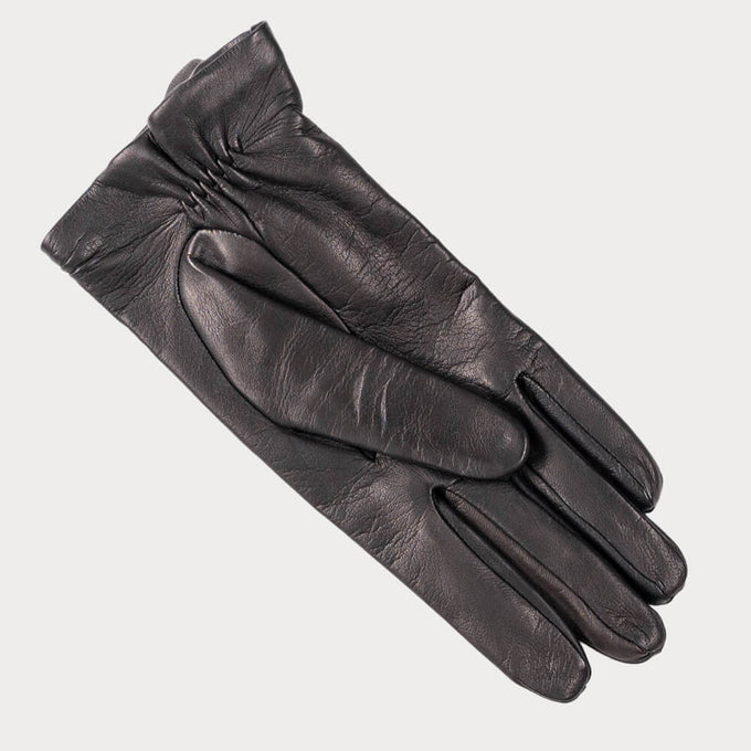 Ladies Black Leather Flower Gloves - Silk Lined