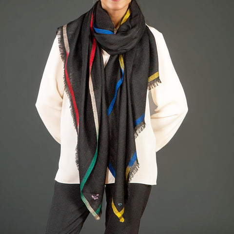 Ikat Edged Black Pashmina Cashmere Shawl