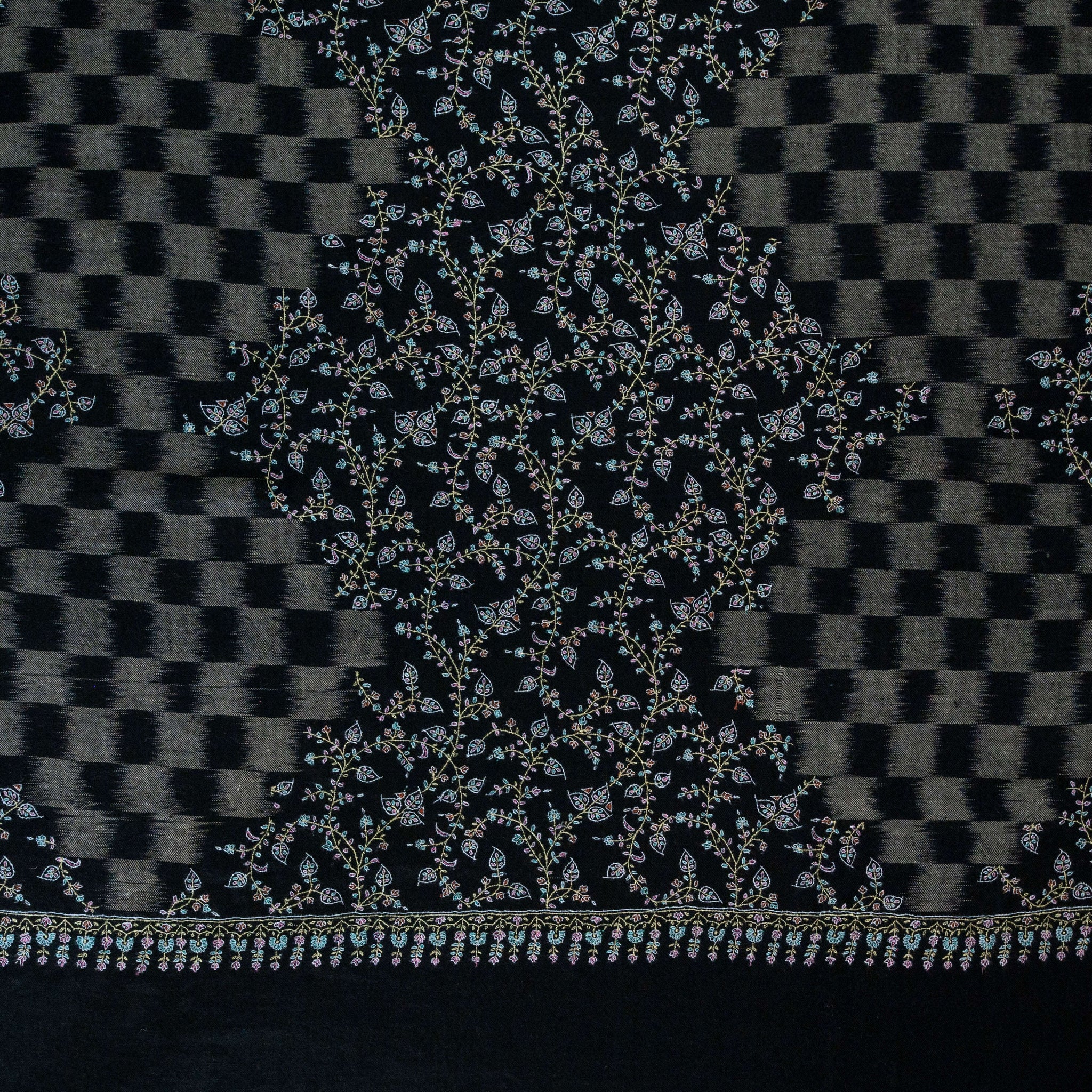Hand Embroidered Pashmina Cashmere Shawl - Black Ikat