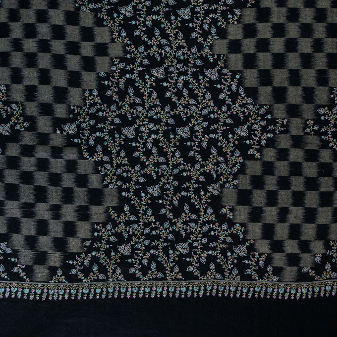Hand Embroidered Pashmina Cashmere Shawl - Black Ikat