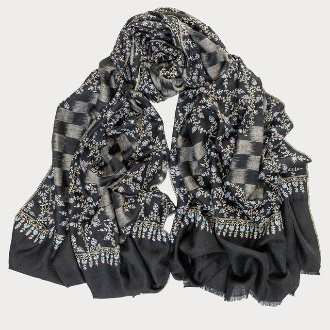 Hand Embroidered Pashmina Cashmere Shawl - Black Ikat