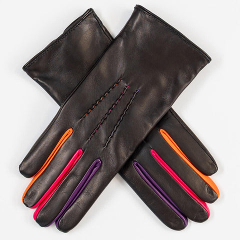 Black Cashmere Lined Leather Gloves with Multicolour Detail