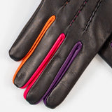 Black Cashmere Lined Leather Gloves with Multicolour Detail