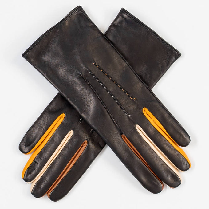 Black Cashmere Leather Gloves with Neutral Toned Detail
