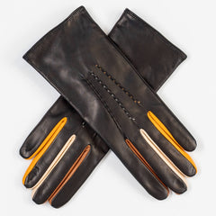 Black Cashmere Leather Gloves with Neutral Toned Detail