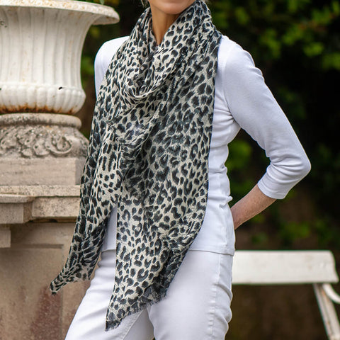Black Leopard Print Cashmere and Silk Scarf