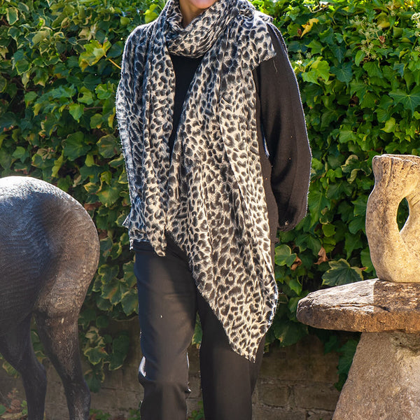 Supersize Black Leopard Print Cashmere and Silk Shawl