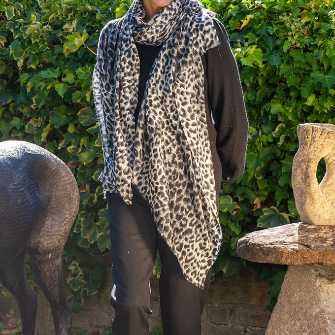 Supersize Black Leopard Print Cashmere and Silk Shawl