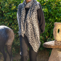 Supersize Black Leopard Print Cashmere and Silk Shawl