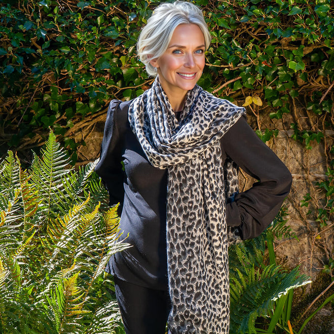 Black Leopard Print Cashmere and Silk Scarf