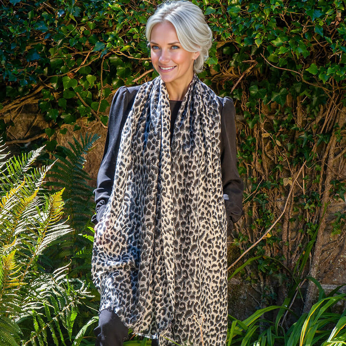Black Leopard Print Cashmere and Silk Scarf