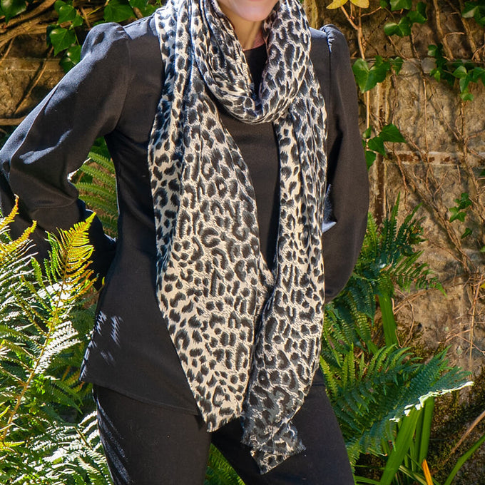 Black Leopard Print Cashmere and Silk Scarf
