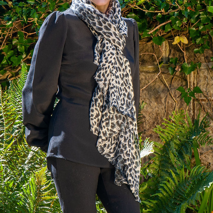 Black Leopard Print Cashmere and Silk Scarf