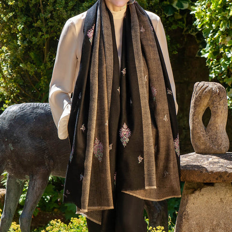 Hand Embroidered Pashmina Cashmere Shawl -Black and Neutral Tones