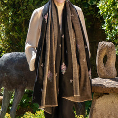 Hand Embroidered Pashmina Cashmere Shawl -Black and Neutral Tones