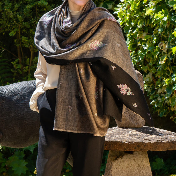 Hand Embroidered Pashmina Cashmere Shawl -Black and Neutral Tones