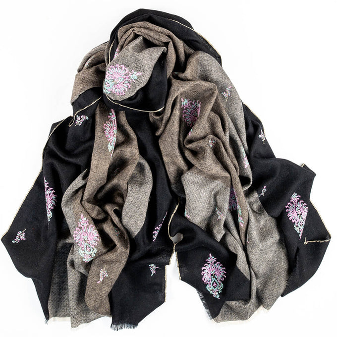 Hand Embroidered Pashmina Cashmere Shawl -Black and Neutral Tones