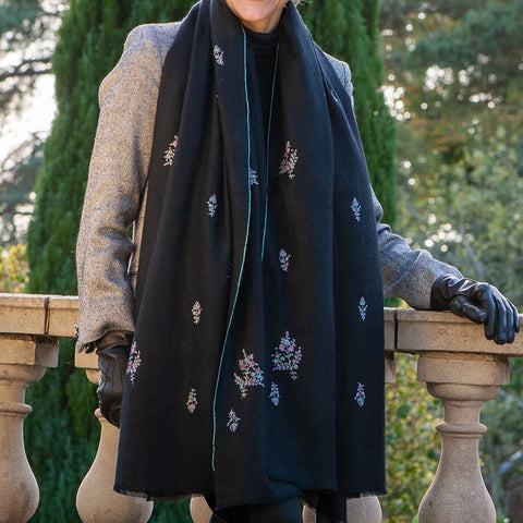 Hand Embroidered Pashmina Cashmere Shawl - Black & Pastel Detail