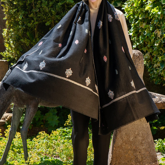 Hand Embroidered Pashmina Cashmere Shawl - Black & Pastel Detail