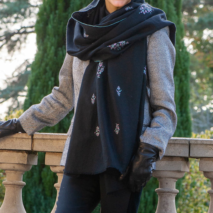 Hand Embroidered Pashmina Cashmere Shawl - Black & Pastel Detail