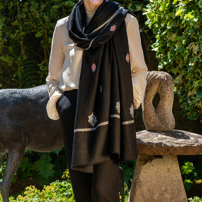 Hand Embroidered Pashmina Cashmere Shawl - Black & Pastel Detail
