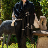 Hand Embroidered Pashmina Cashmere Shawl - Black & Pastel Detail