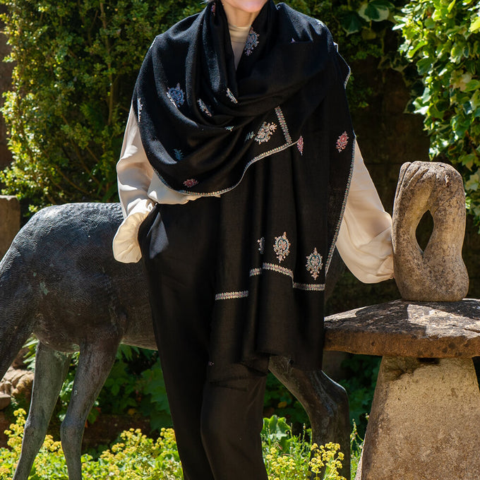 Hand Embroidered Pashmina Cashmere Shawl - Black & Pastel Detail