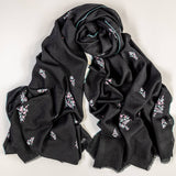 Hand Embroidered Pashmina Cashmere Shawl - Black & Pastel Detail