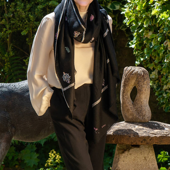 Hand Embroidered Pashmina Cashmere Shawl - Black & Pastel Detail