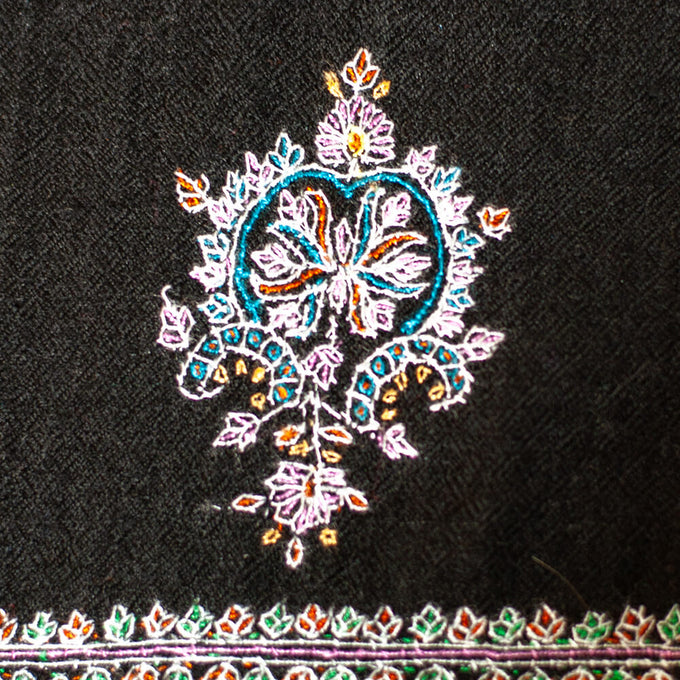 Hand Embroidered Pashmina Cashmere Shawl - Black & Pastel Detail